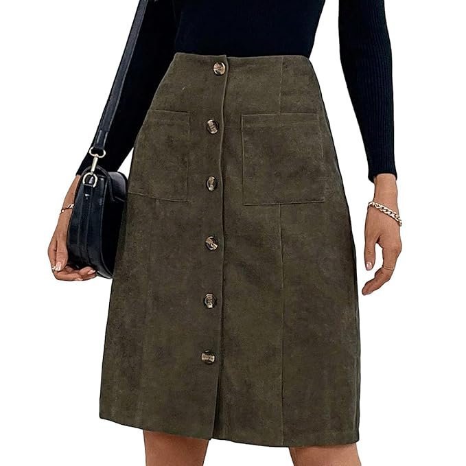 Women's High Waist Button Front Corduroy Midi Skirt Casual Skirts - Image 5