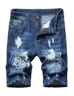 Men's Moto Biker Jeans Shorts Ripped Distressed Denim Shorts with Broken Hole - 42
