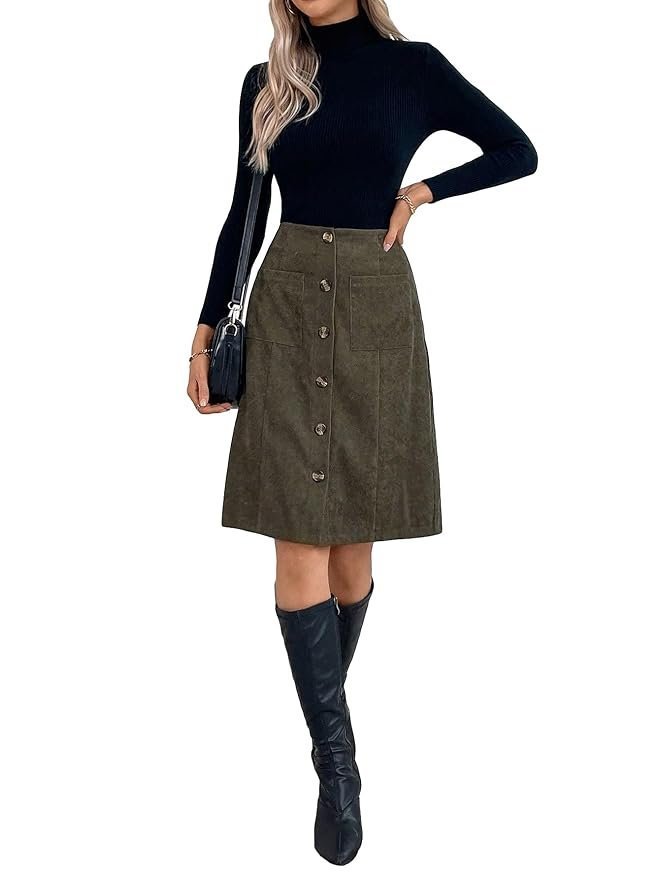 Women's High Waist Button Front Corduroy Midi Skirt Casual Skirts - Image 2