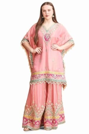 Traditional Embroidered Kaftan Palazzo Set, Pink, V-Neck with Fringe Details, Floral Embellished - S