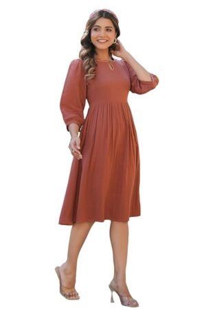 Women's Rust Orange Pure Cotton Solid Fit & Flare Dress - XS