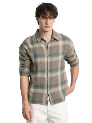 THE BEAR HOUSE Men's Brown Checked Relaxed Fit Cotton Casual Shirt - XL
