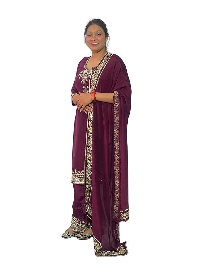 Women Embroidered Salwar Suit Set | Salwar Suit Fully Hand Work Embroidered | Punjabi Suit with Dupatta Set, Crepe with Polester Blend Fabric | Ethnic Wear & Stylish Suits | Maroon Color