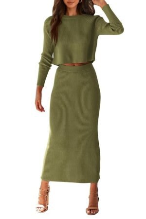 Women's Fall 2 Piece Sweater Set Rib Knit Long Sleeve Crop Top Maxi Bodycon Skirt Casual Winter Outfits - S