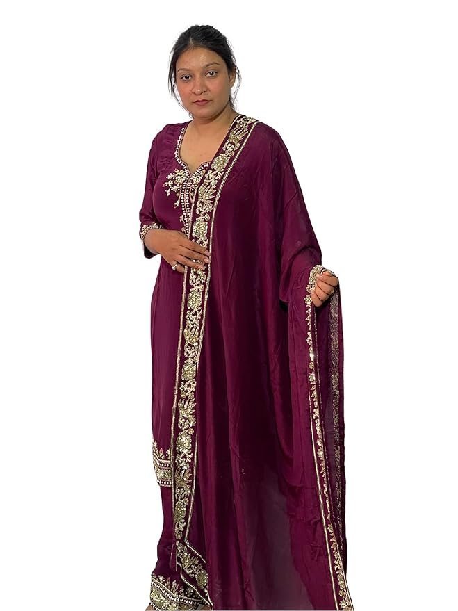 Women Embroidered Salwar Suit Set | Salwar Suit Fully Hand Work Embroidered | Punjabi Suit with Dupatta Set, Crepe with Polester Blend Fabric | Ethnic Wear & Stylish Suits | Maroon Color - Image 2