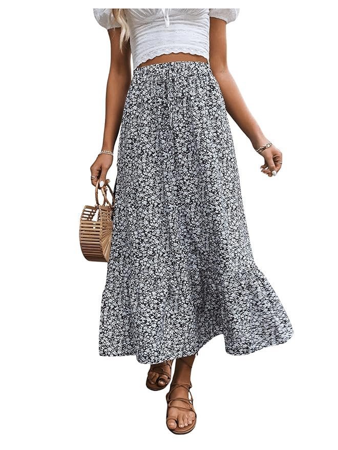 Rocks Women's Casual High Waist Floral Print Skirt Split Thigh A Line Maxi Skirts - Image 2