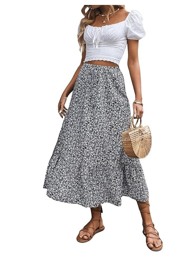 Rocks Women's Casual High Waist Floral Print Skirt Split Thigh A Line Maxi Skirts - Image 6